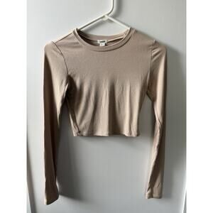 Garage Ribbed Crop Top Womens XS Beige Long Sleeve Fitted Stretch Shirt
